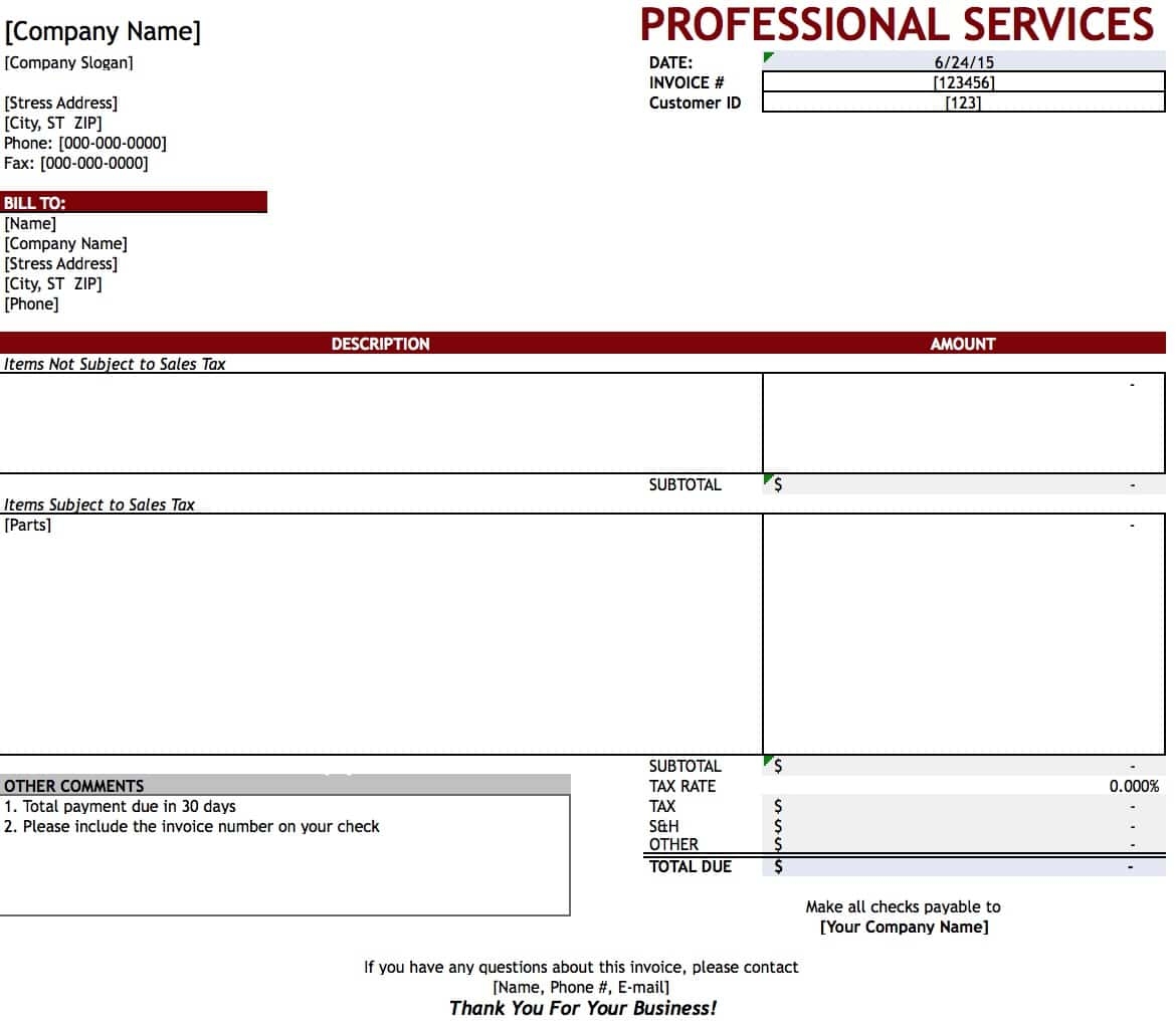 samples of invoices for services rendered