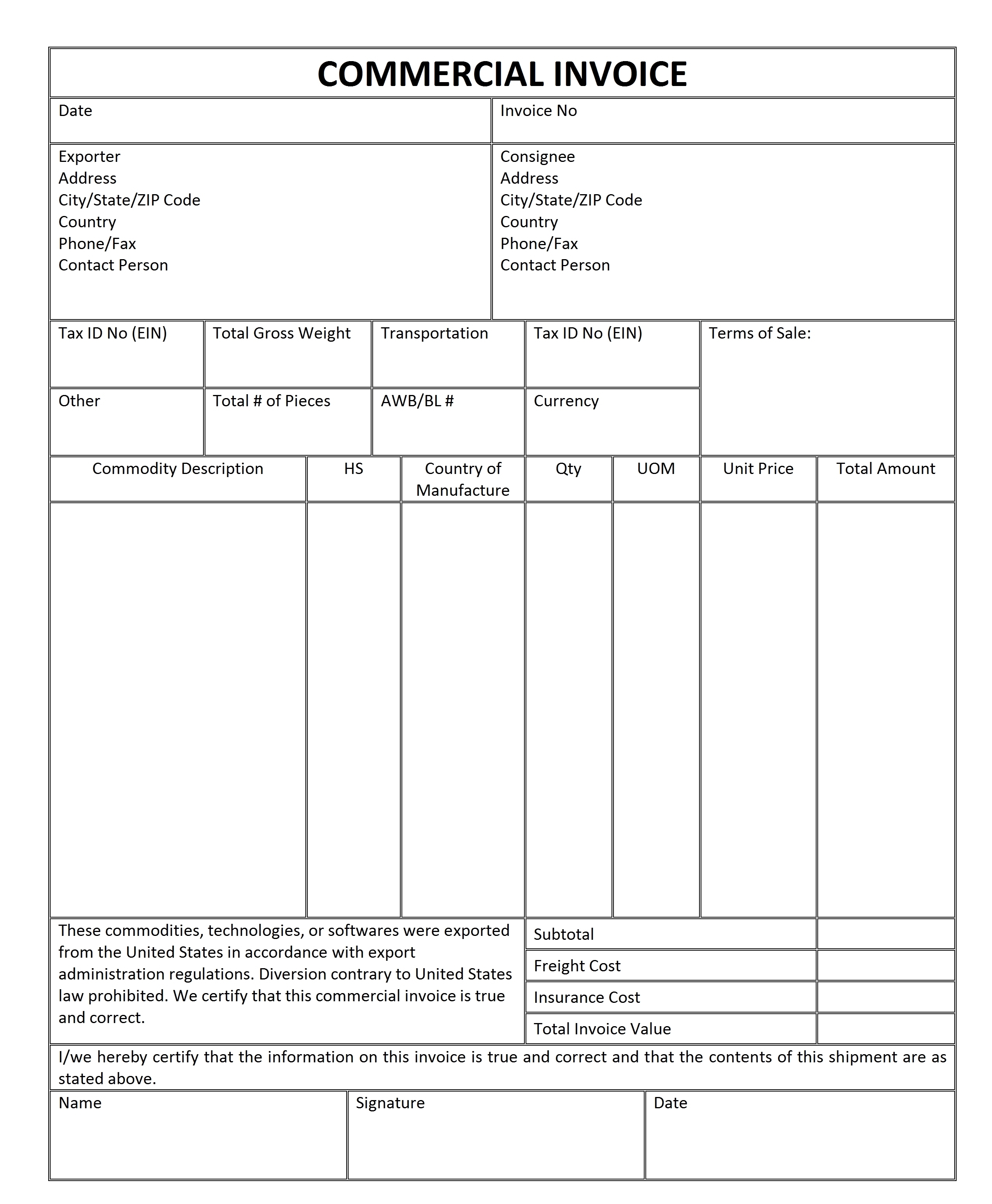 international commercial invoice template excel