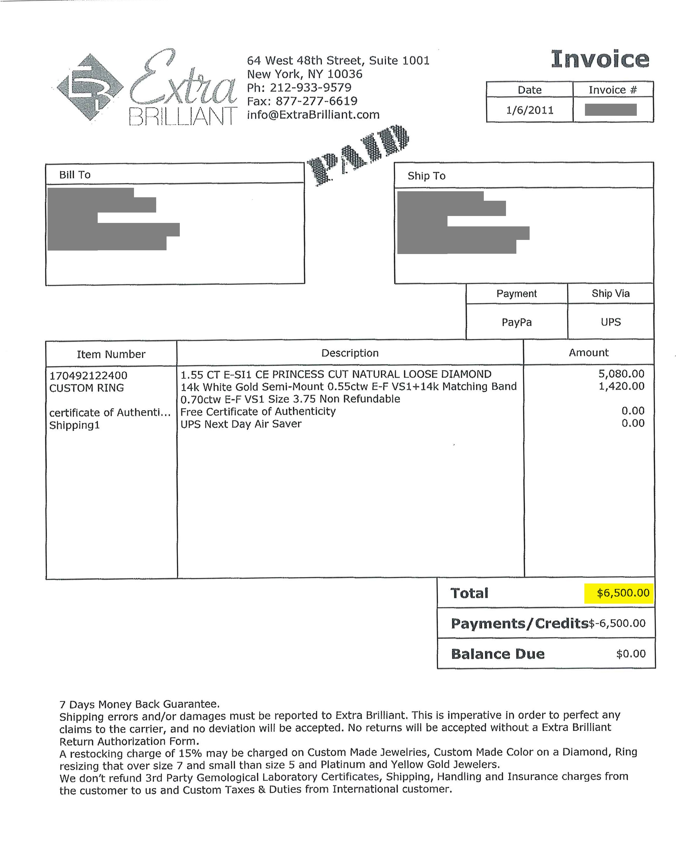 jcrs jewelry insurance issues sales receipt vs invoice