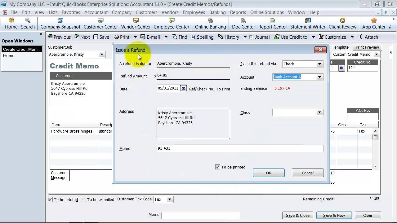 quickbooks training create a credit memo and apply to an invoice credit memo invoice