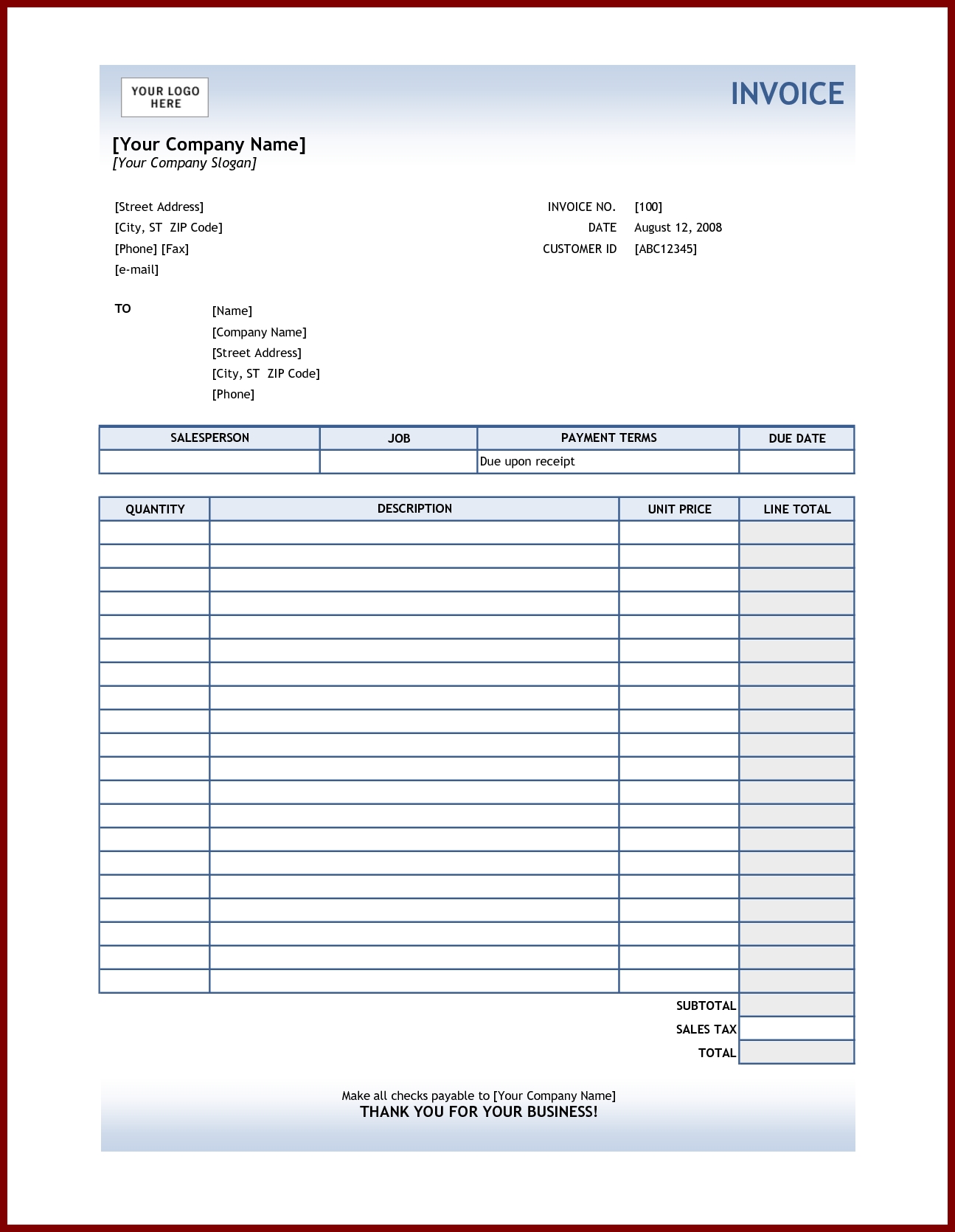 invoice excel template download