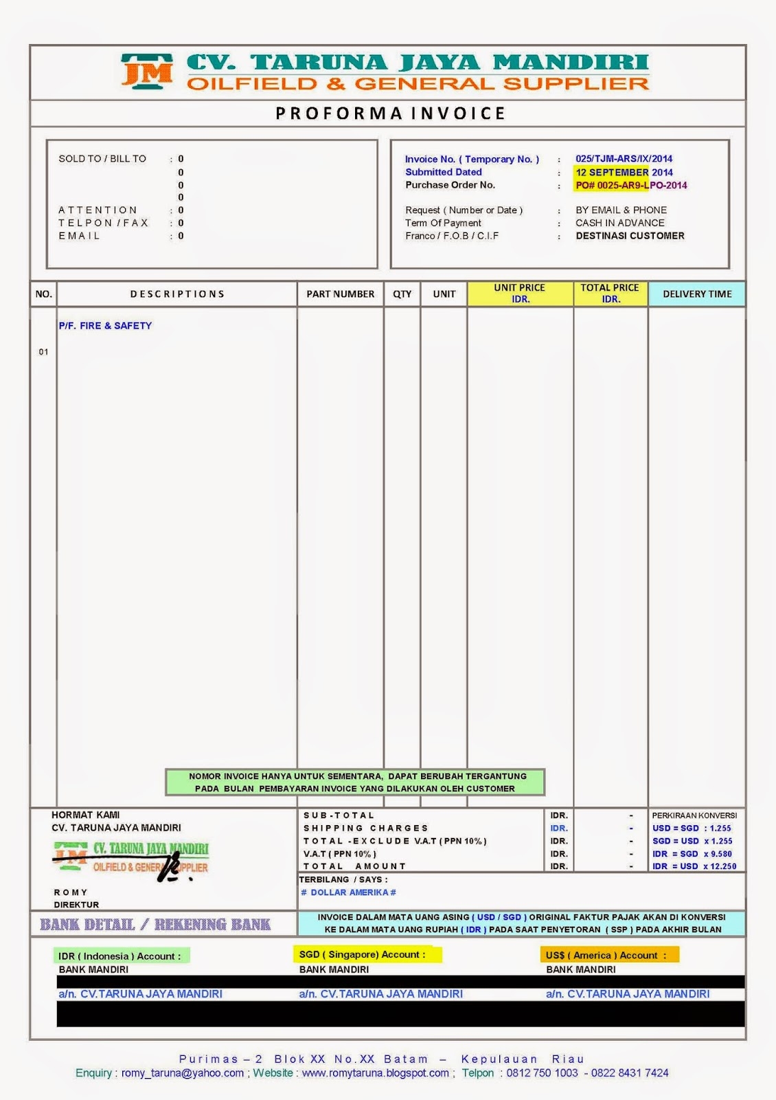 Contoh Proforma Invoice. Consultant Invoice Template for 