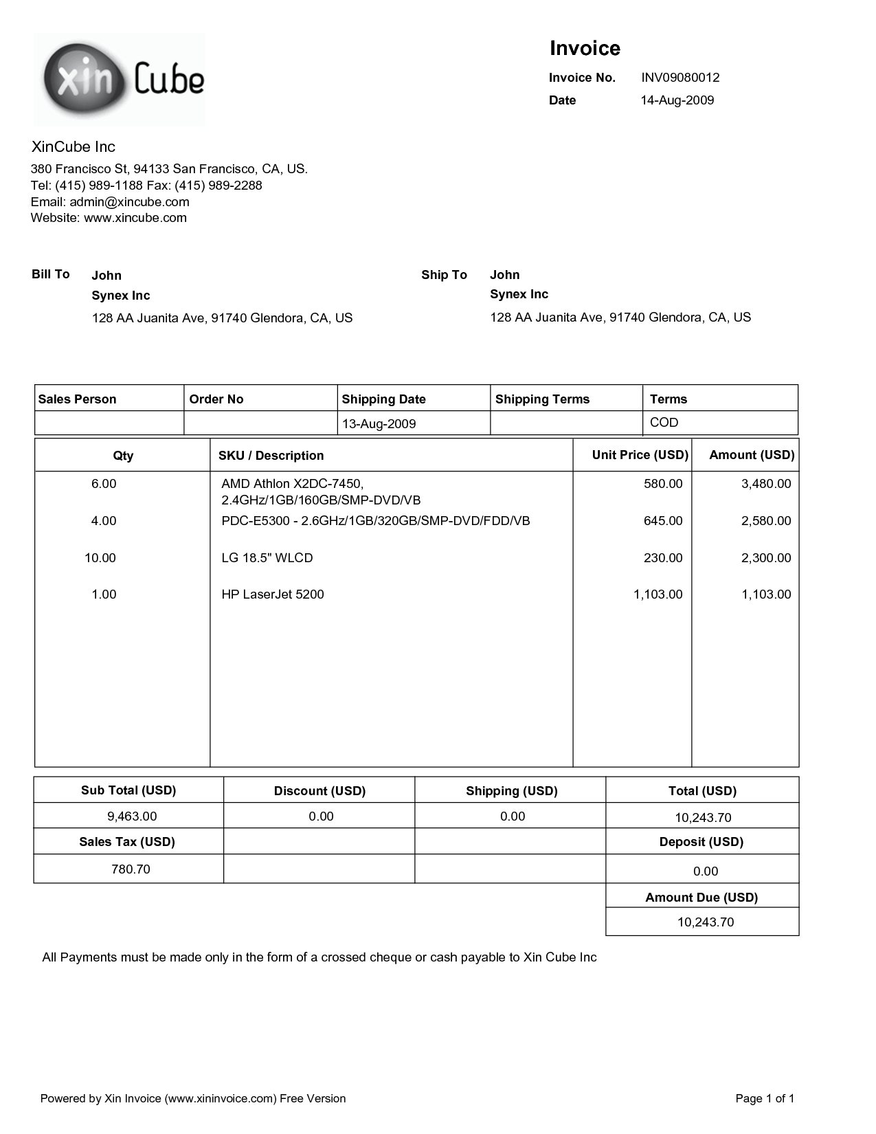 samples of invoices for payment