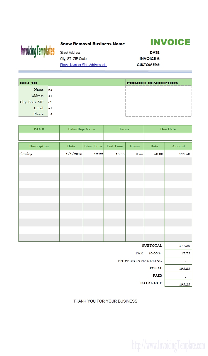 snow plowing printed snow removal invoice