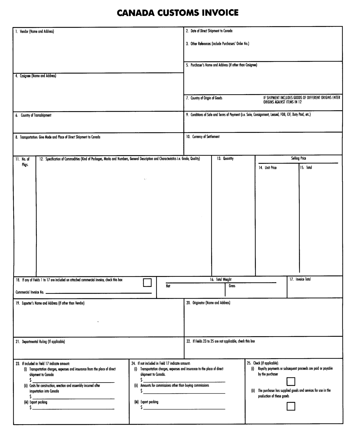 Fillable Form Custom Printable Forms Free Online   Fillable Canada Customs Invoice Canadian Customs Invoice Invoic Us Customs Invoice Printable 1192 X 1483 