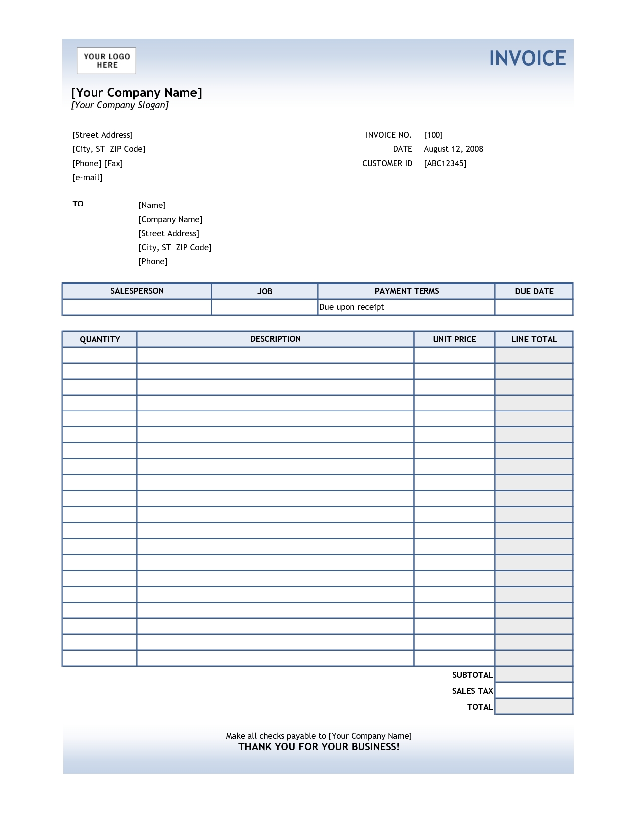 blank excel invoice template