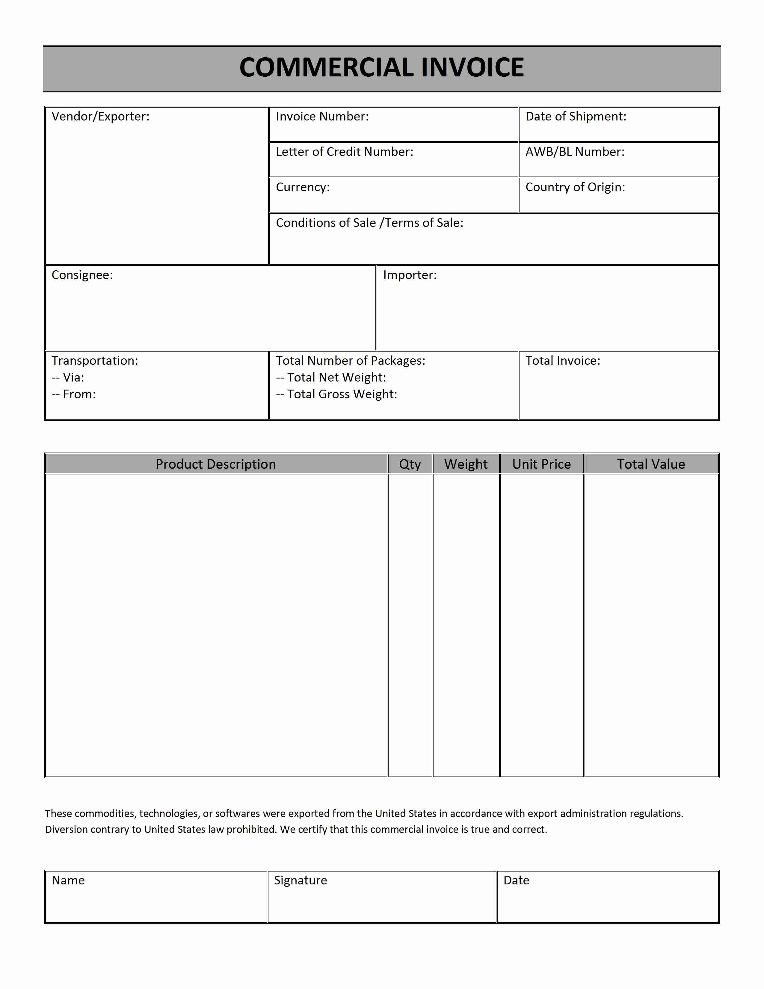 customs commercial invoice template excel