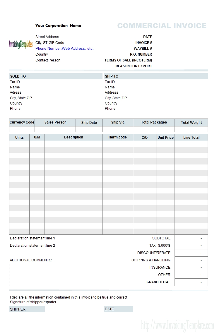 commercial invoicing template commercial invoice excel template