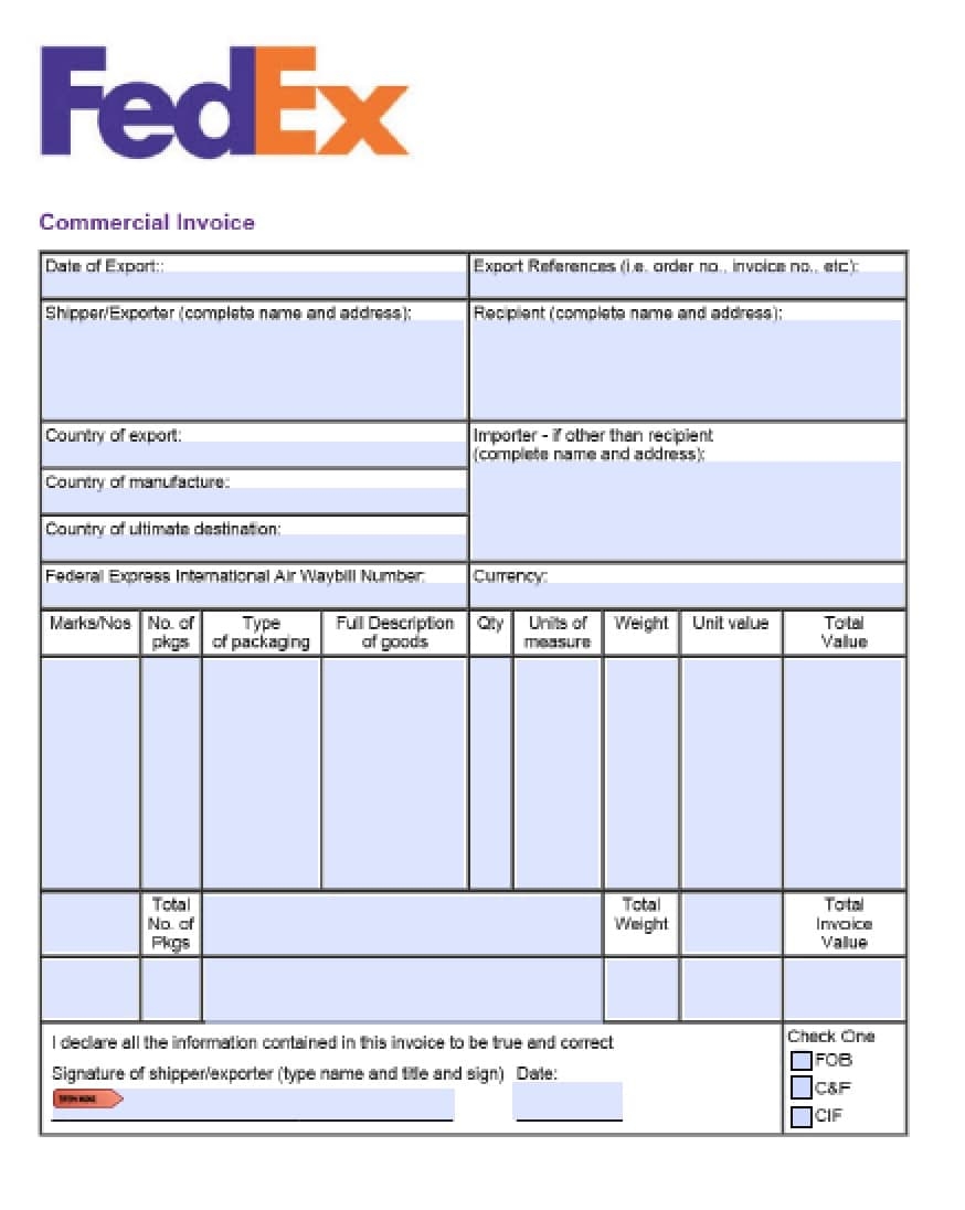 fedex commercial invoice template word