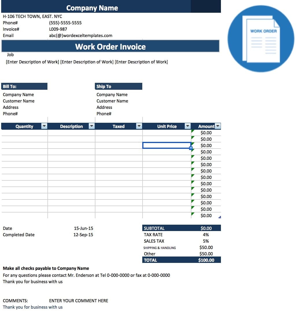 free work order invoice template excel pdf word doc invoice microsoft excel