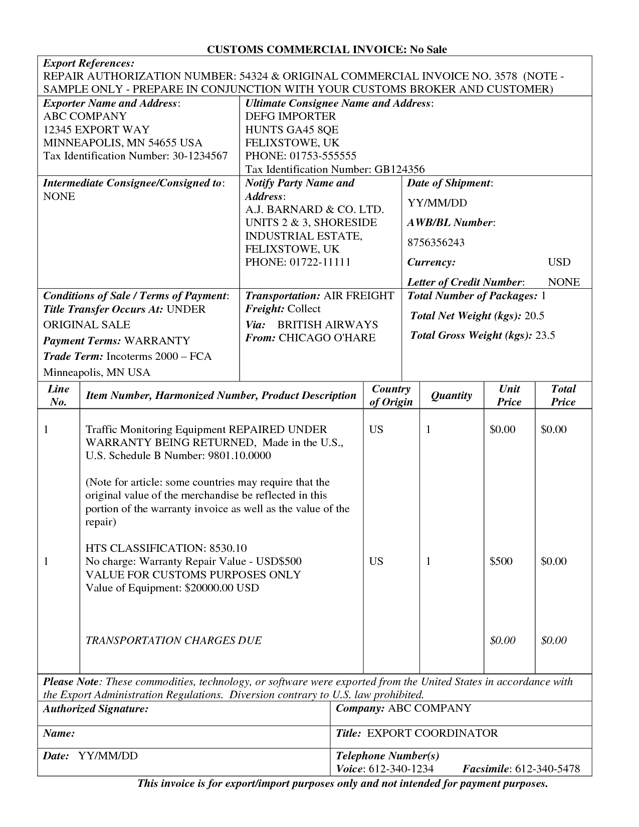 commercial invoice for customs neilsafe invoice for customs purposes only