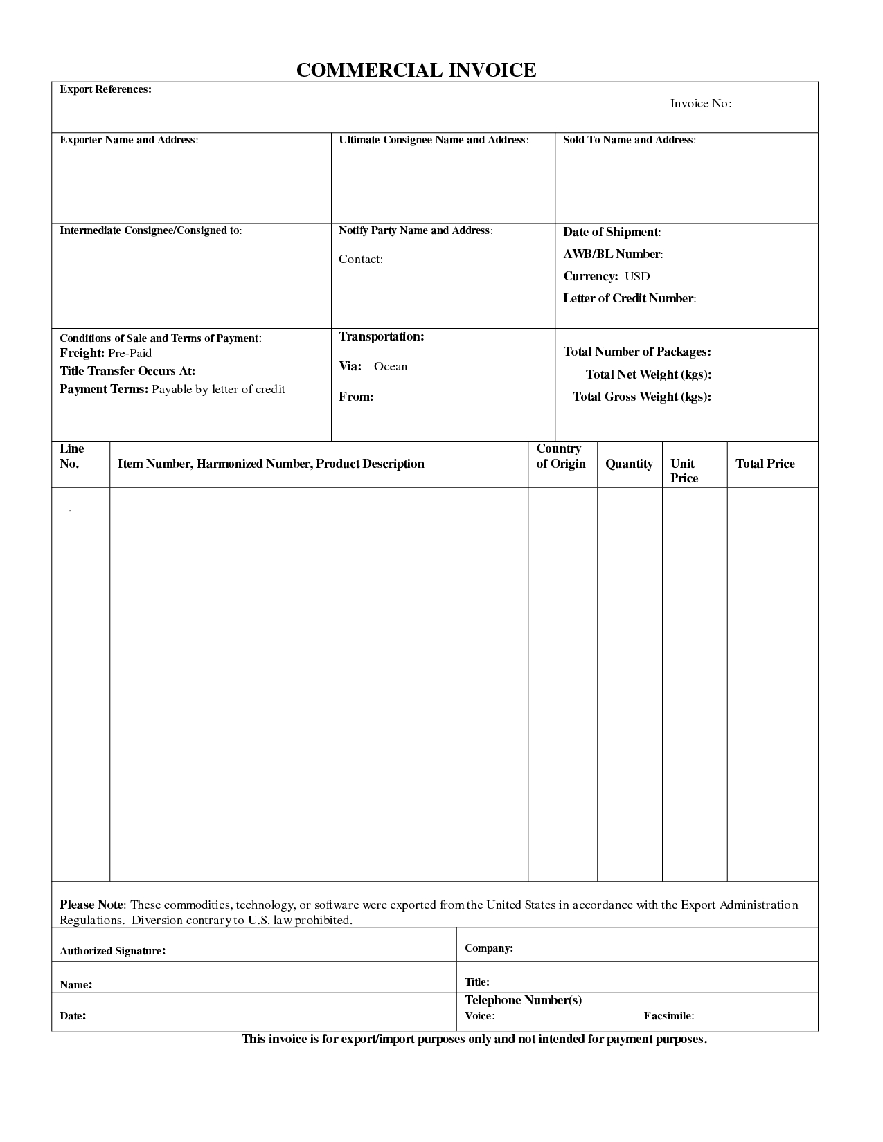 commercial invoice template meaning