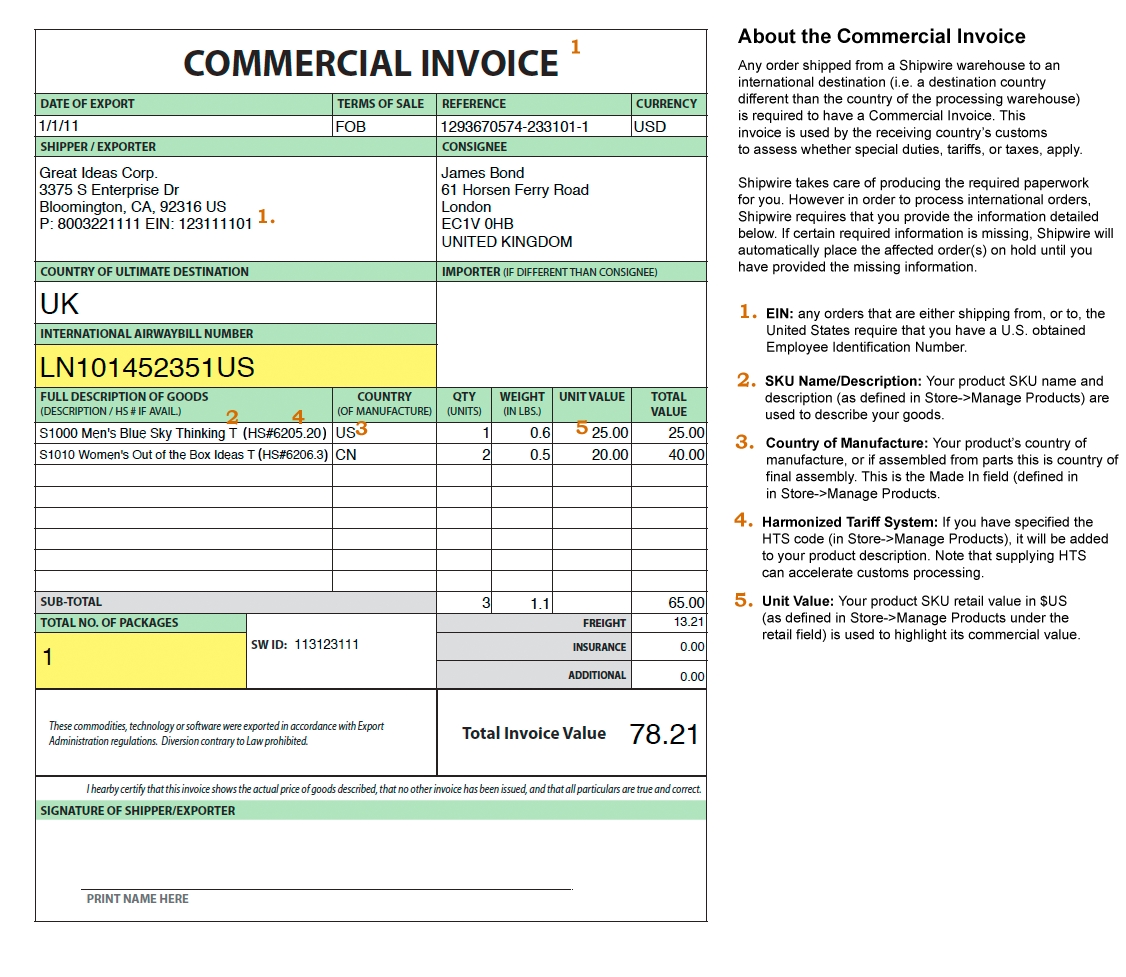 international shipping commercial invoice template