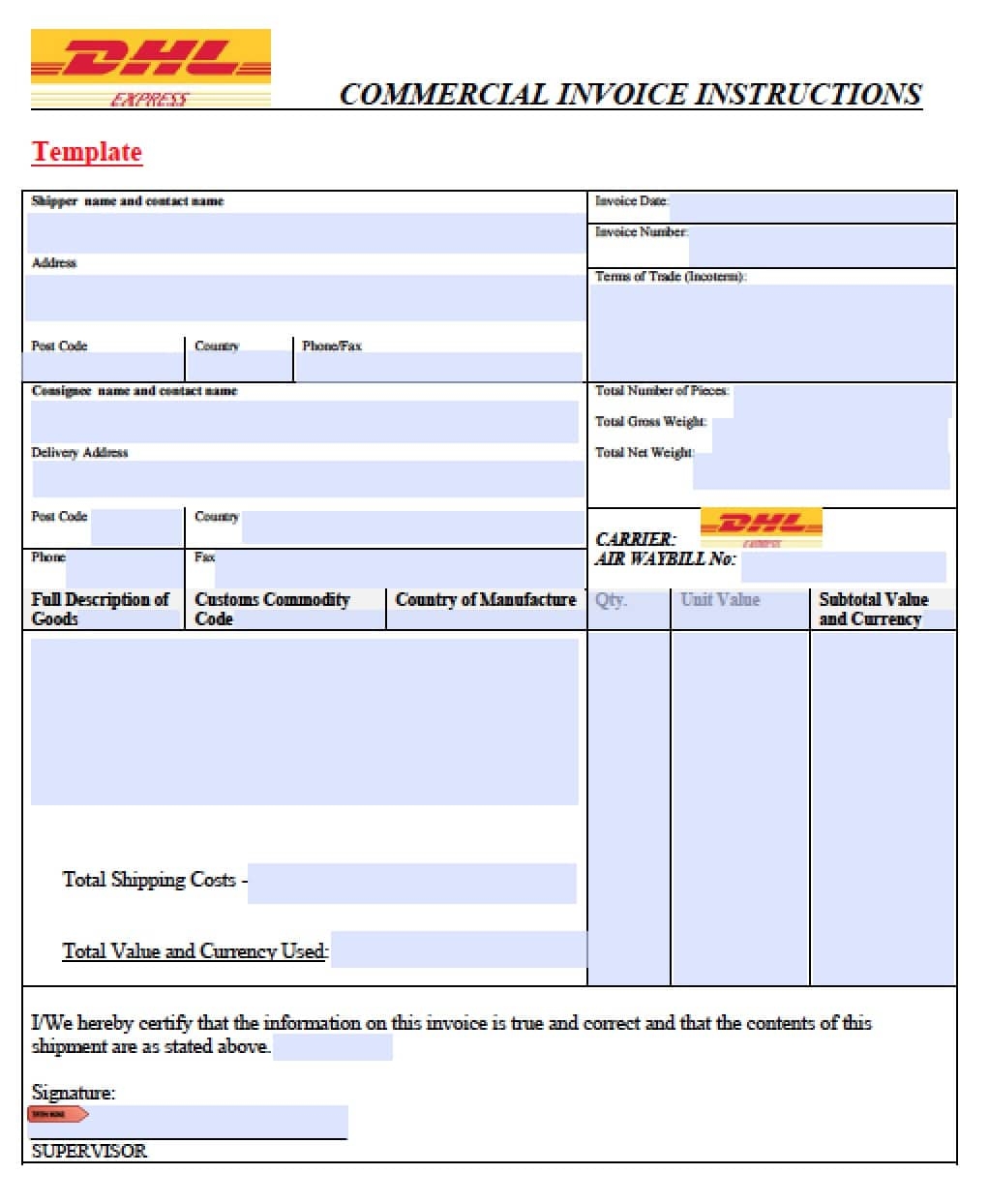 free dhl commercial invoice template excel pdf word doc commercial invoice instructions