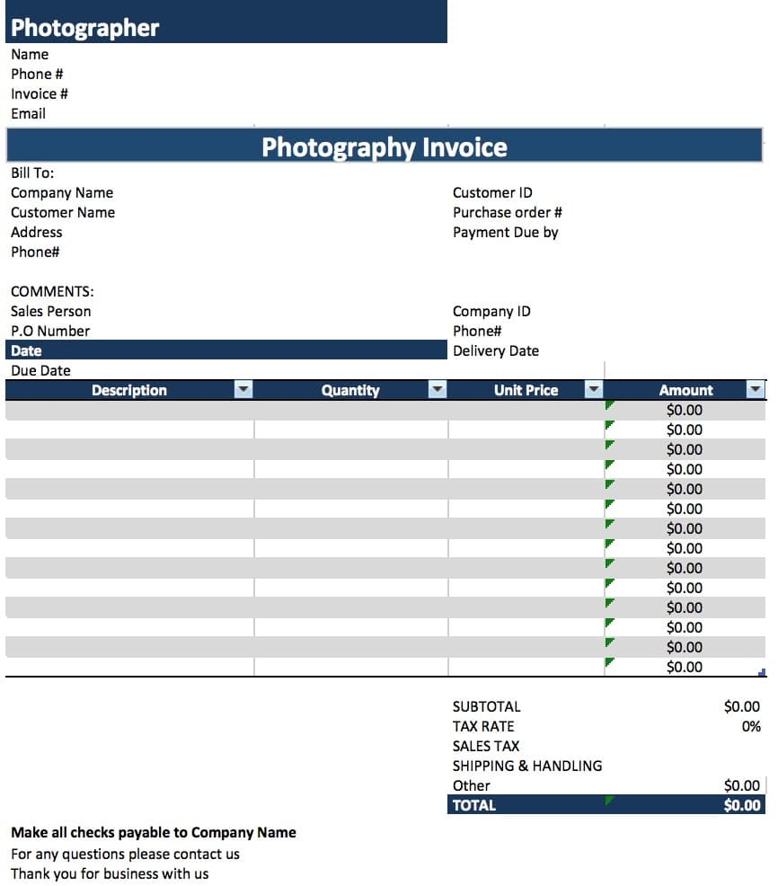free photography invoice template excel pdf word doc photographer invoice template