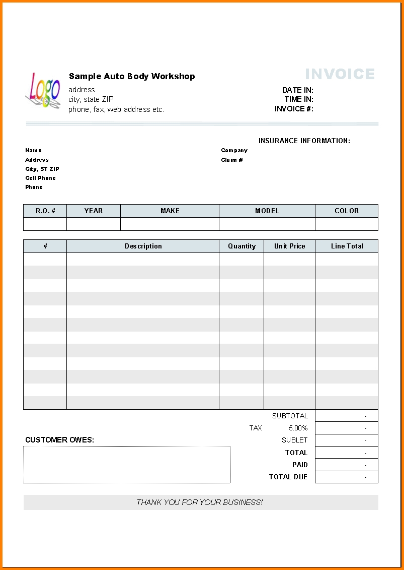 Auto Body Invoice Template