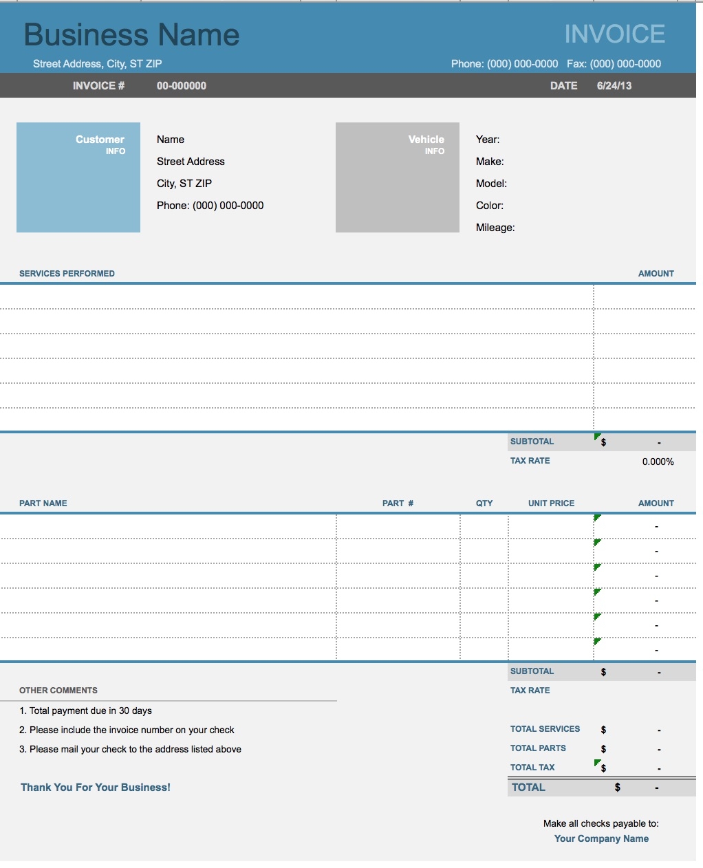 Auto Body Shop Invoice Template