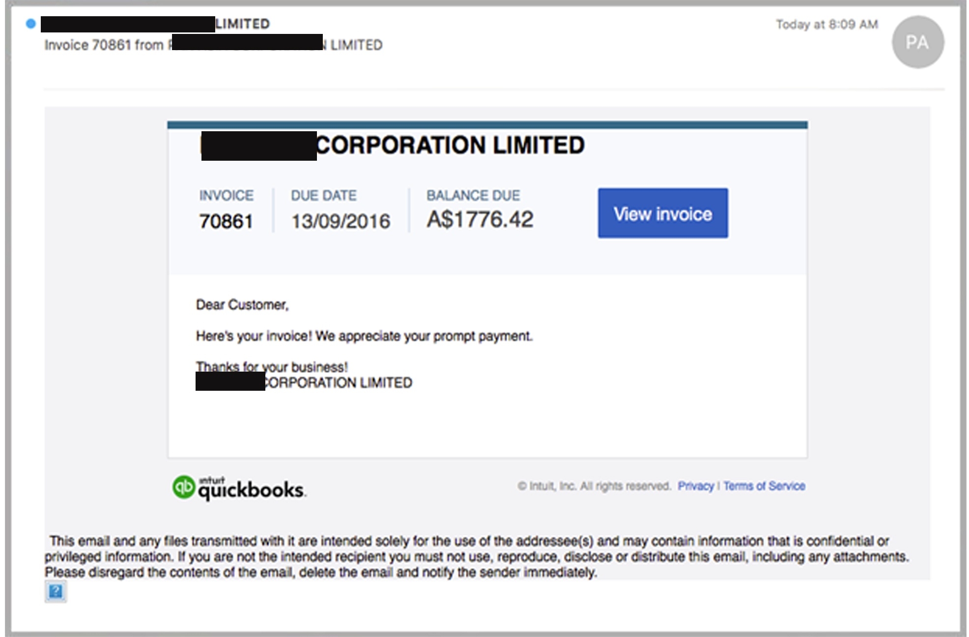 breaking cybercriminals impersonate intuit quickbooks client in quickbooks email invoice