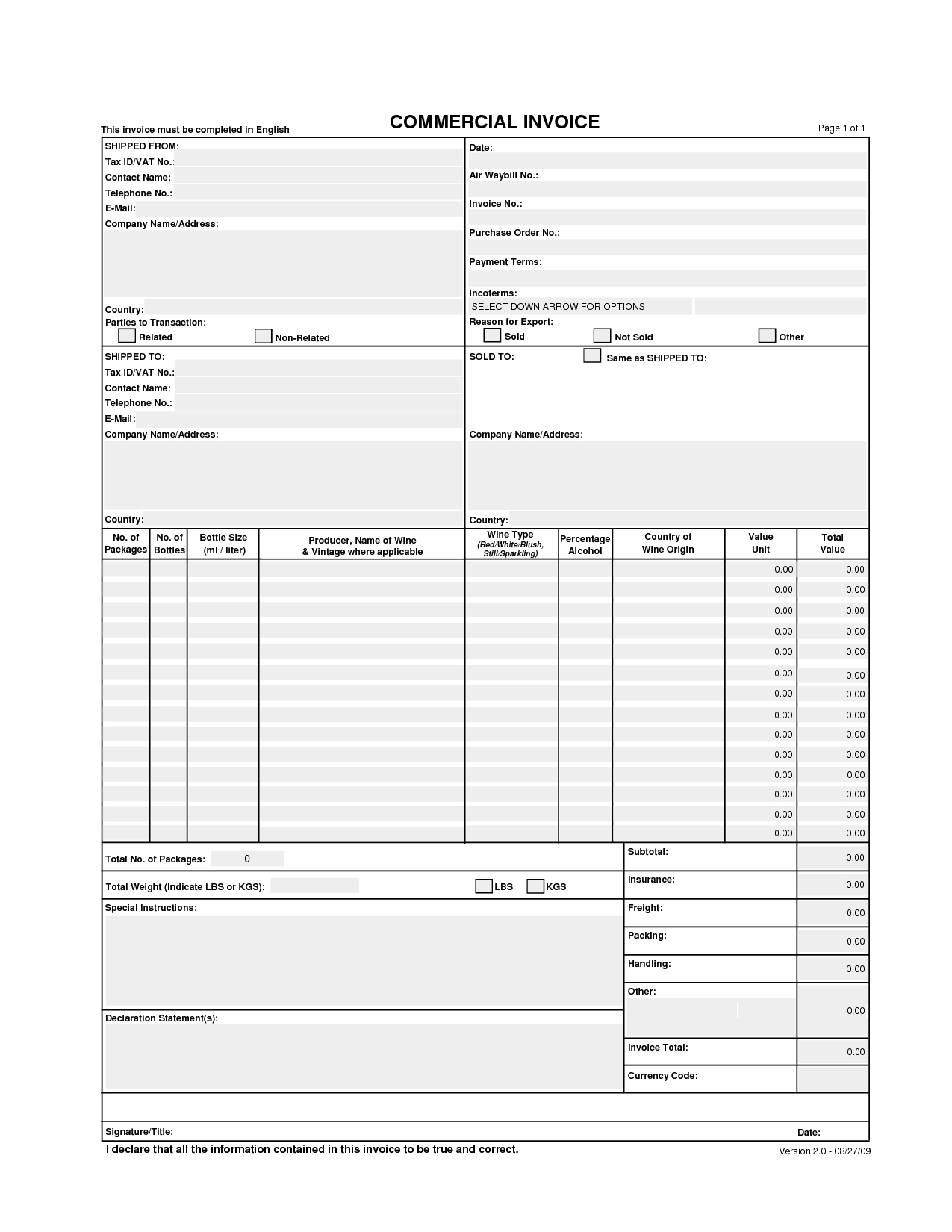 free printable commercial invoice template