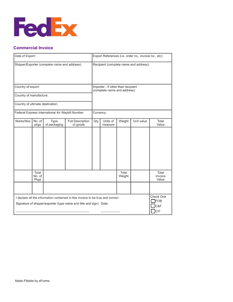 free fedex commercial invoice template pdf eforms free fob on an invoice