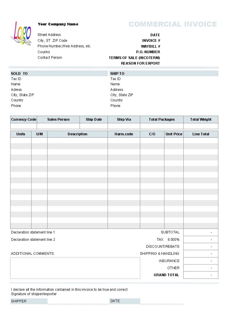 commercial invoice template uniform invoice software blank commercial invoice form