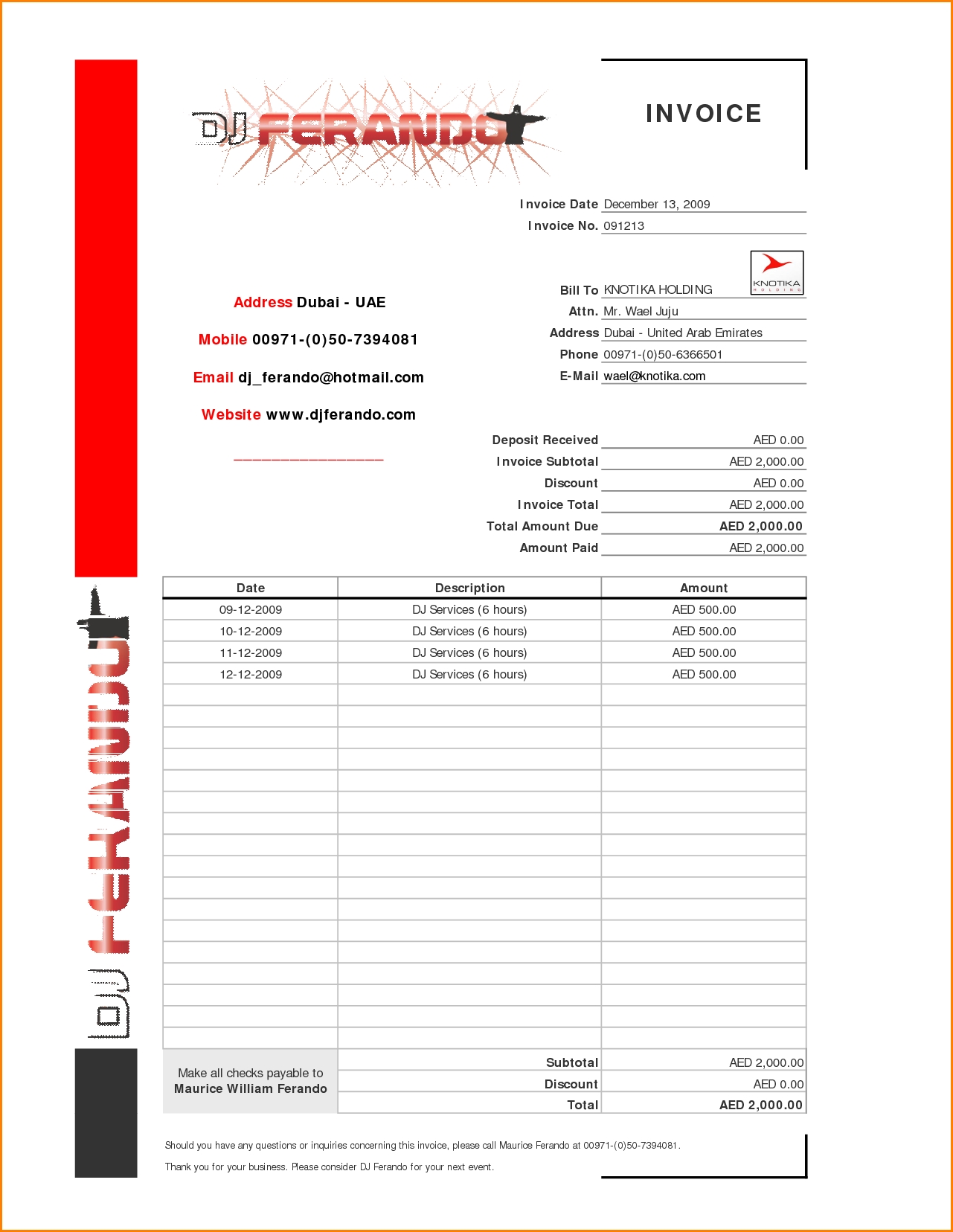 Dj Invoice Template * Invoice Template Ideas