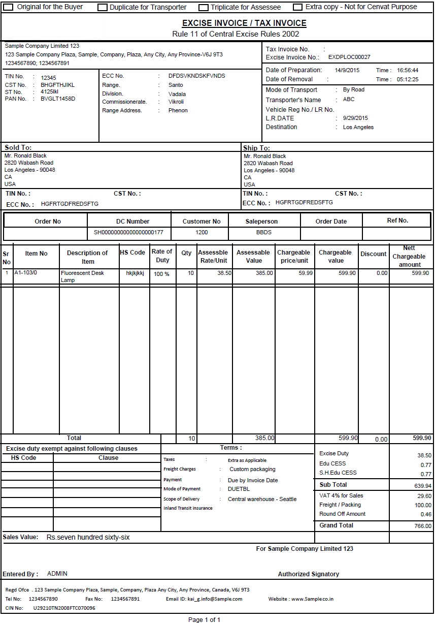 Format Of Excise Invoice
