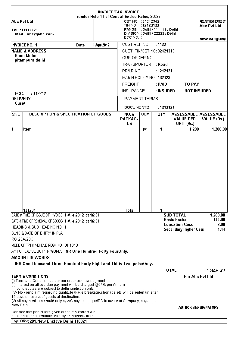 Format Of Excise Invoice * Invoice Template Ideas