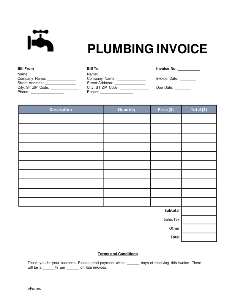 plumbing invoice sample free plumbing invoice template word pdf eforms free 791 X 1024
