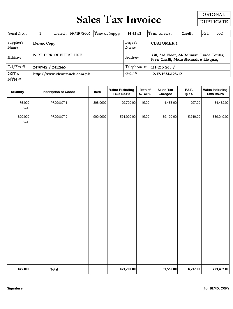 cleantouch general production system sales tax invoice