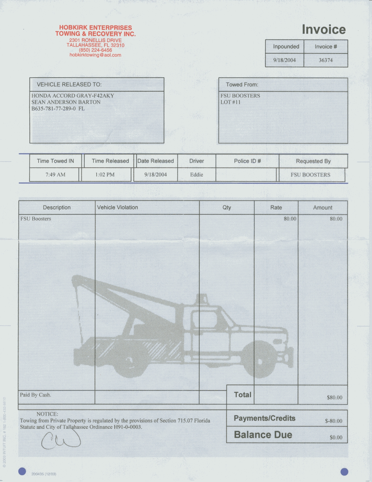 Towing Invoice Template
