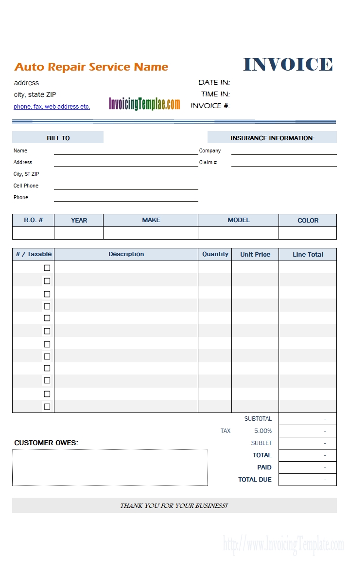auto repair invoice template auto body invoice forms