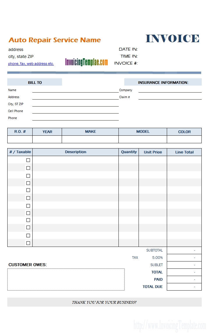 free auto repair invoice template