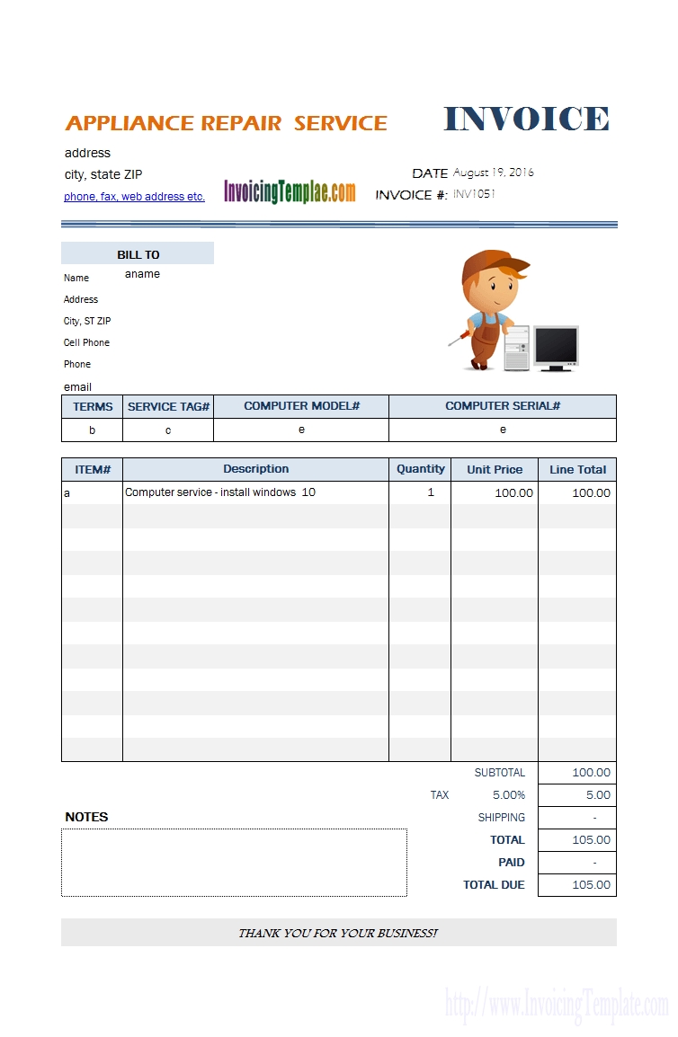 computer service bill format in word download