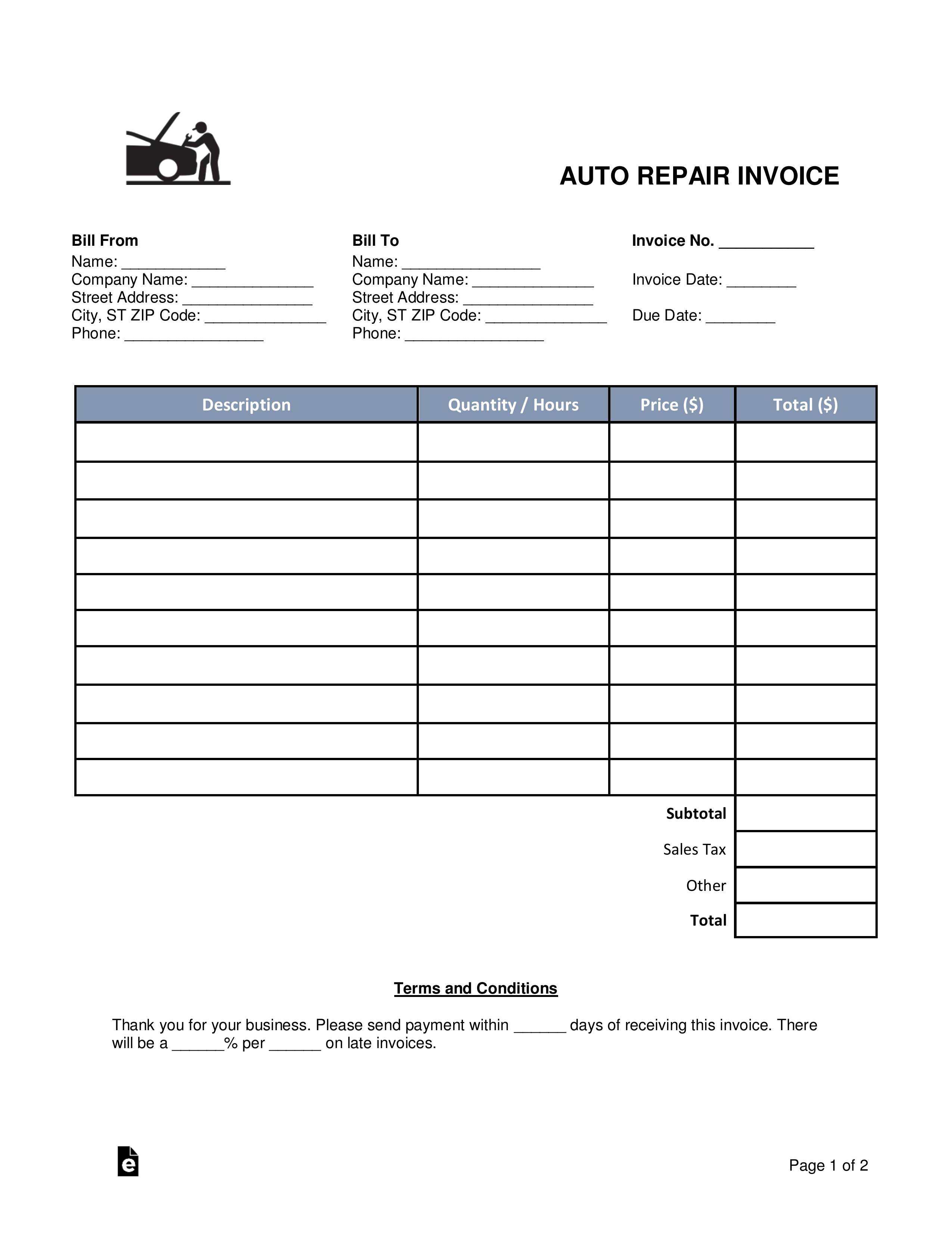 Car Service Invoice Template Free Download