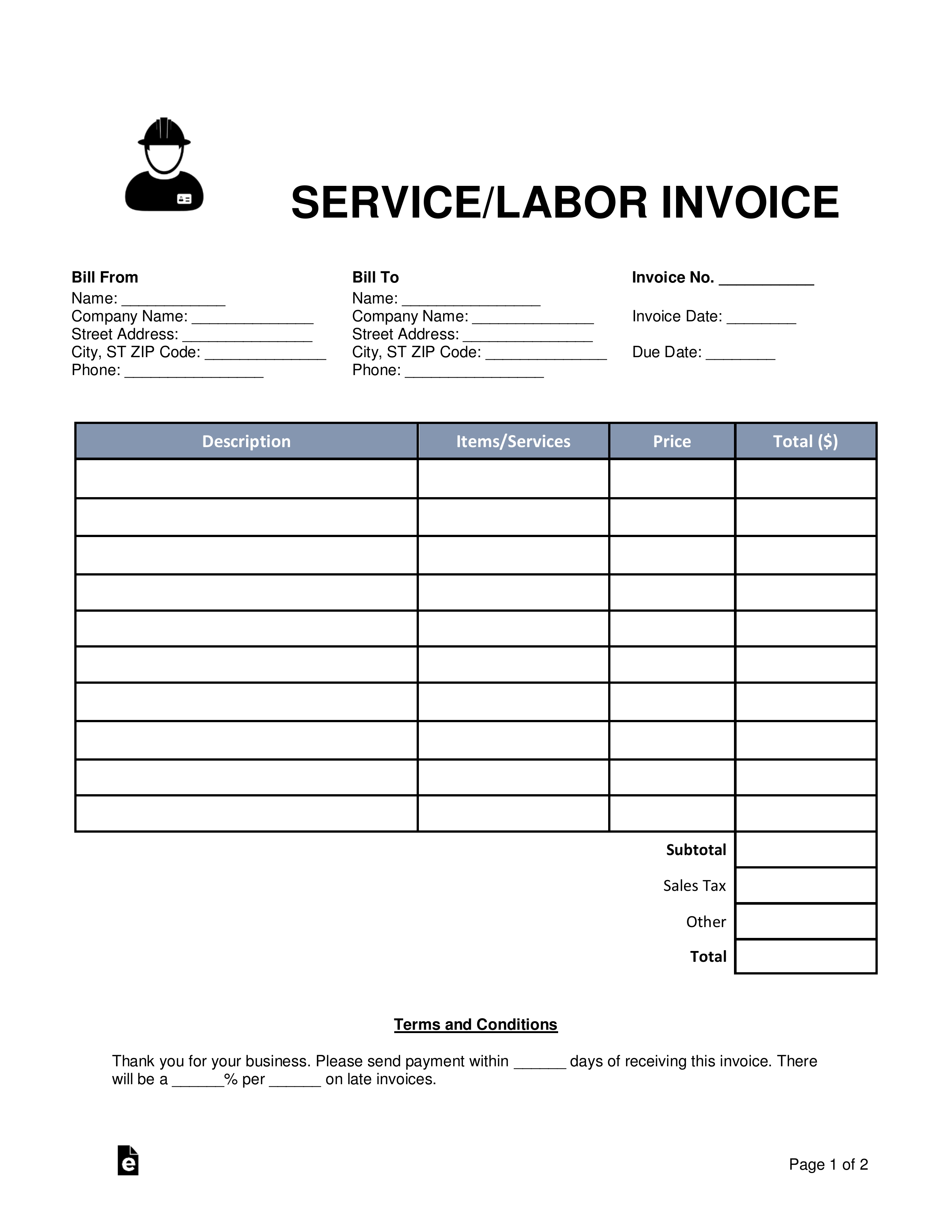 free servicelabor invoice template word pdf eforms labor invoice templates printable free