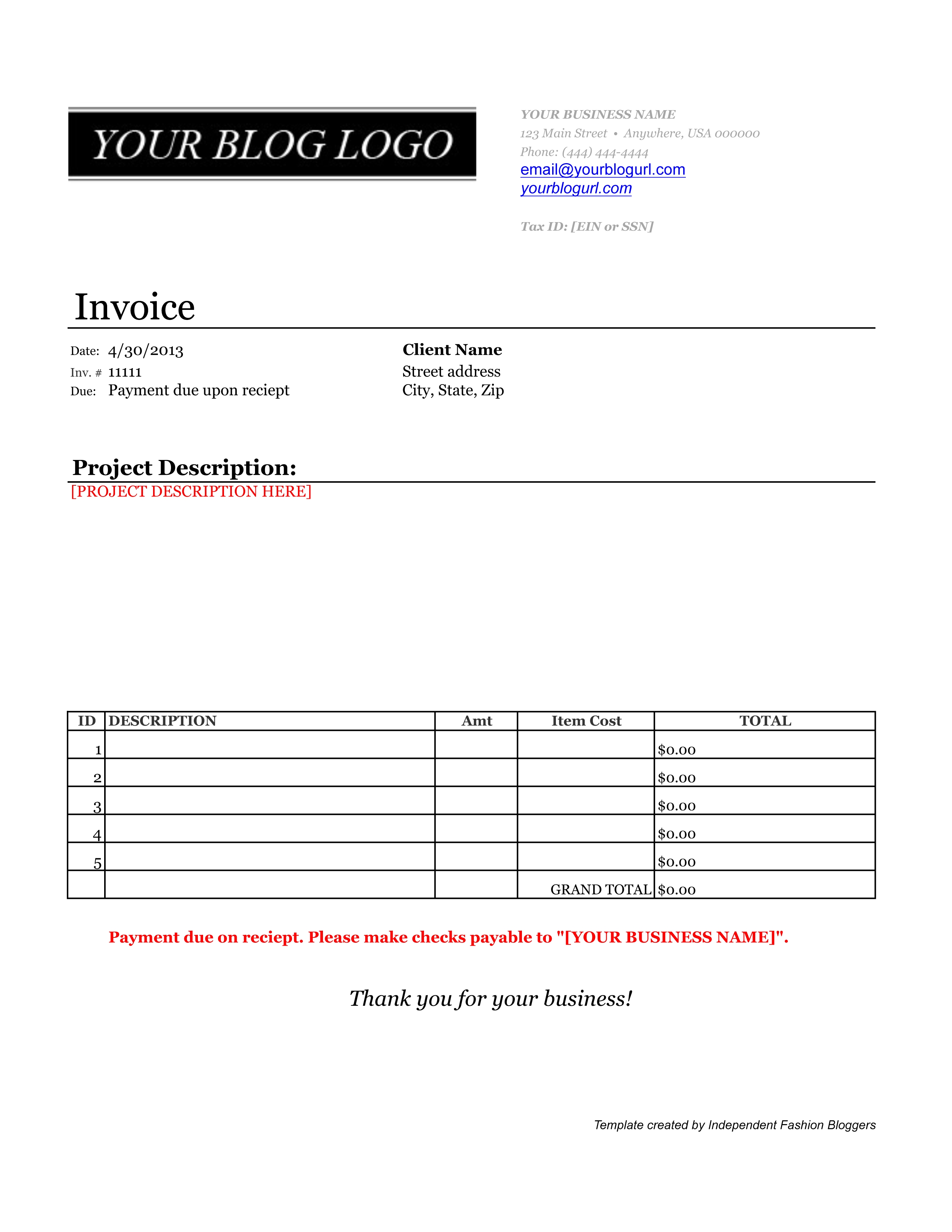 samples of invoices for payment