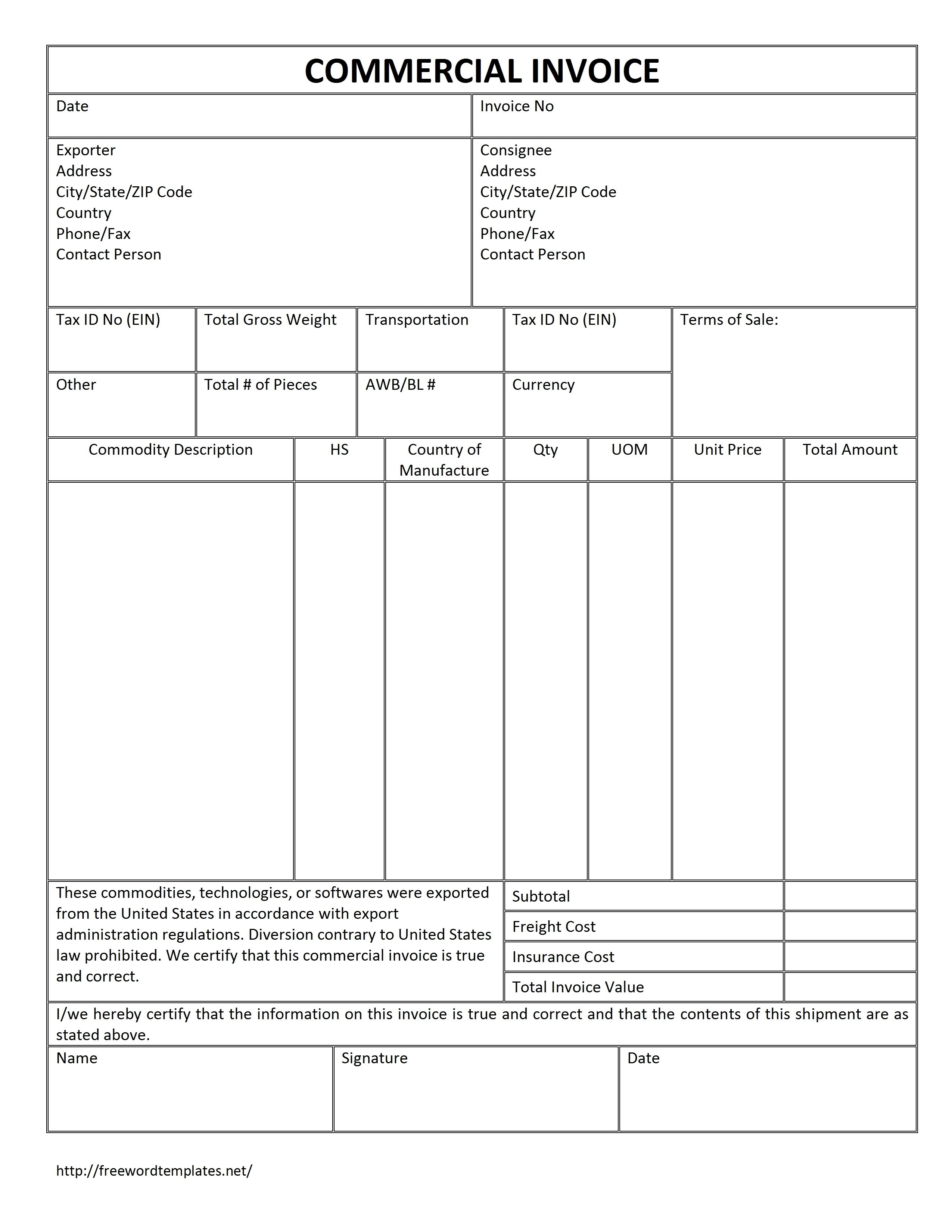 excel commercial invoice template