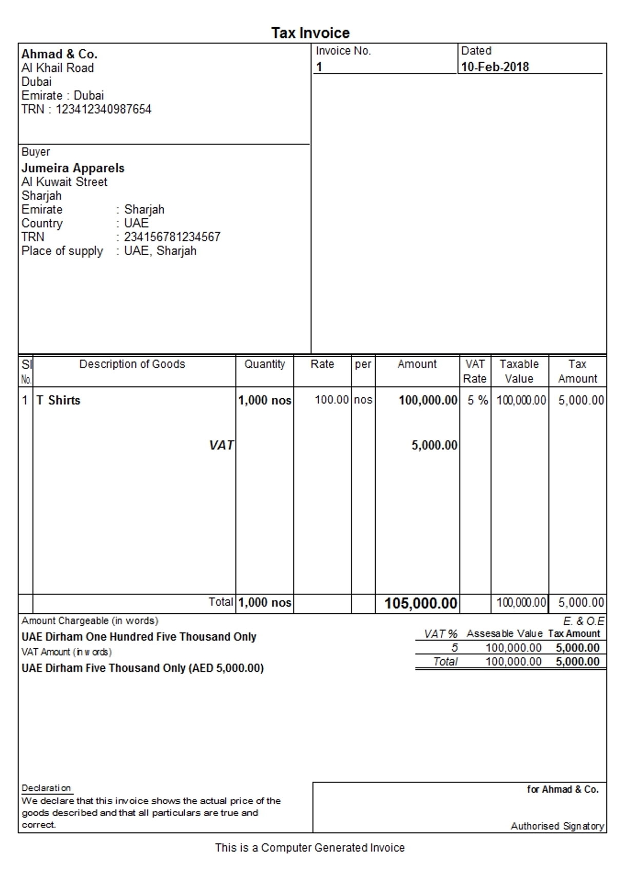 tax invoice to a registered customer under vat in uae invoice but not a tax invoice