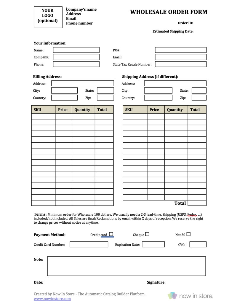 wholesale order form template create your own for free make your own blank printable editable order forms free