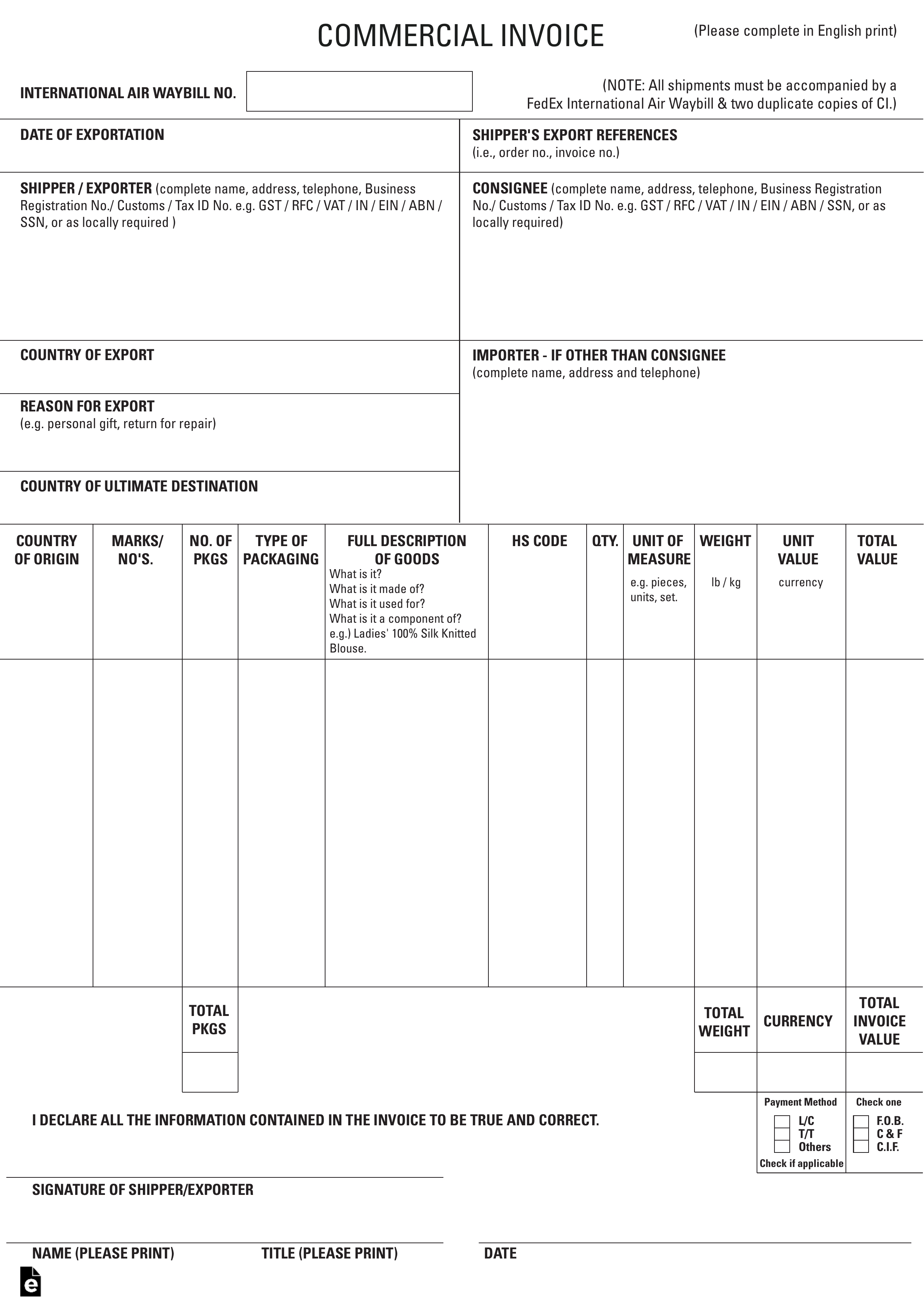 Commercial Invoice Template Fillable