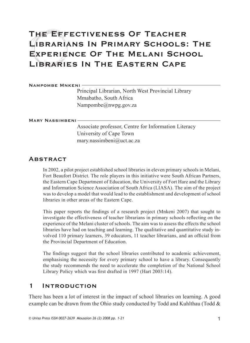 pdf the effectiveness of teacher librarians in primary example of a school report at south africa