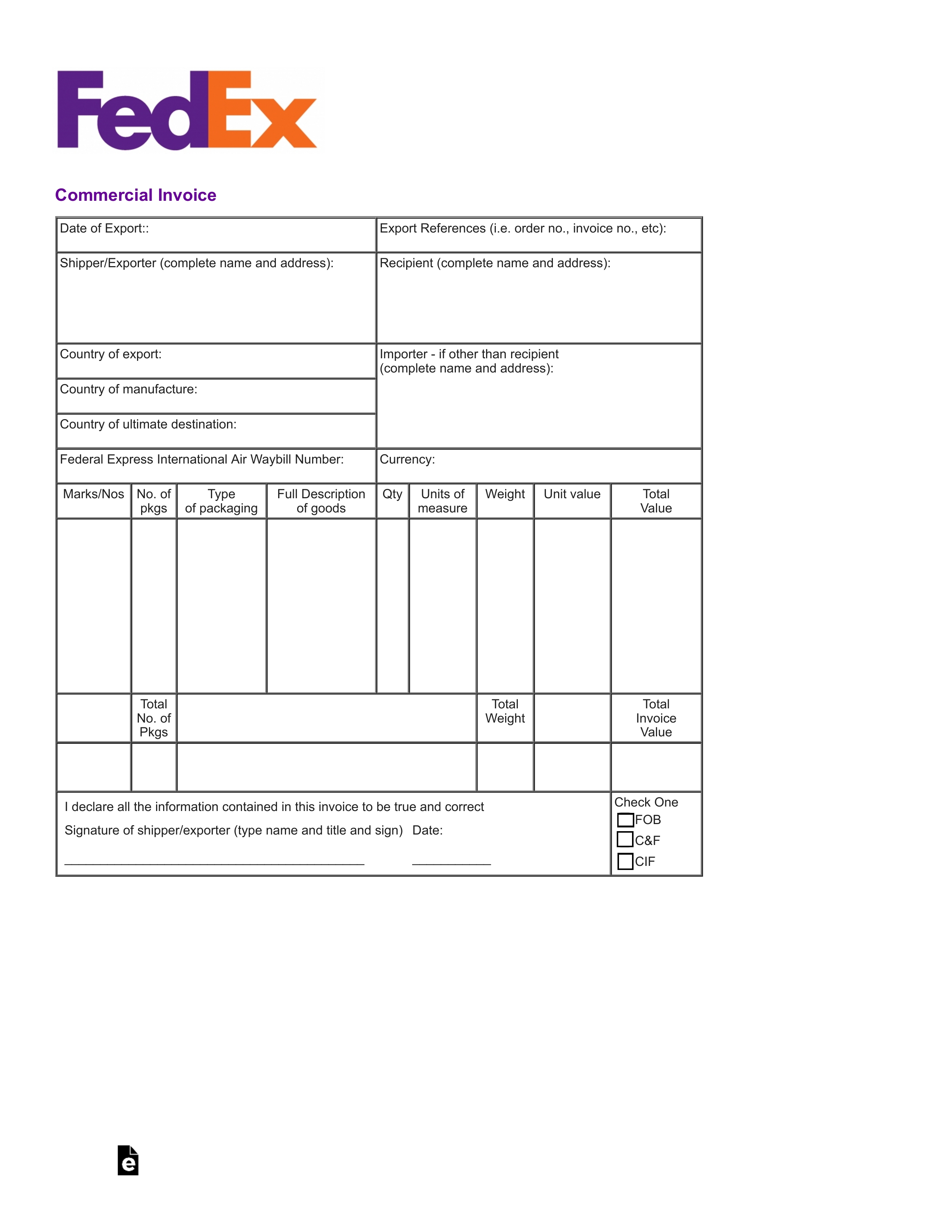 Fedex International Commercial Invoice Fillable Invoice Template Ideas