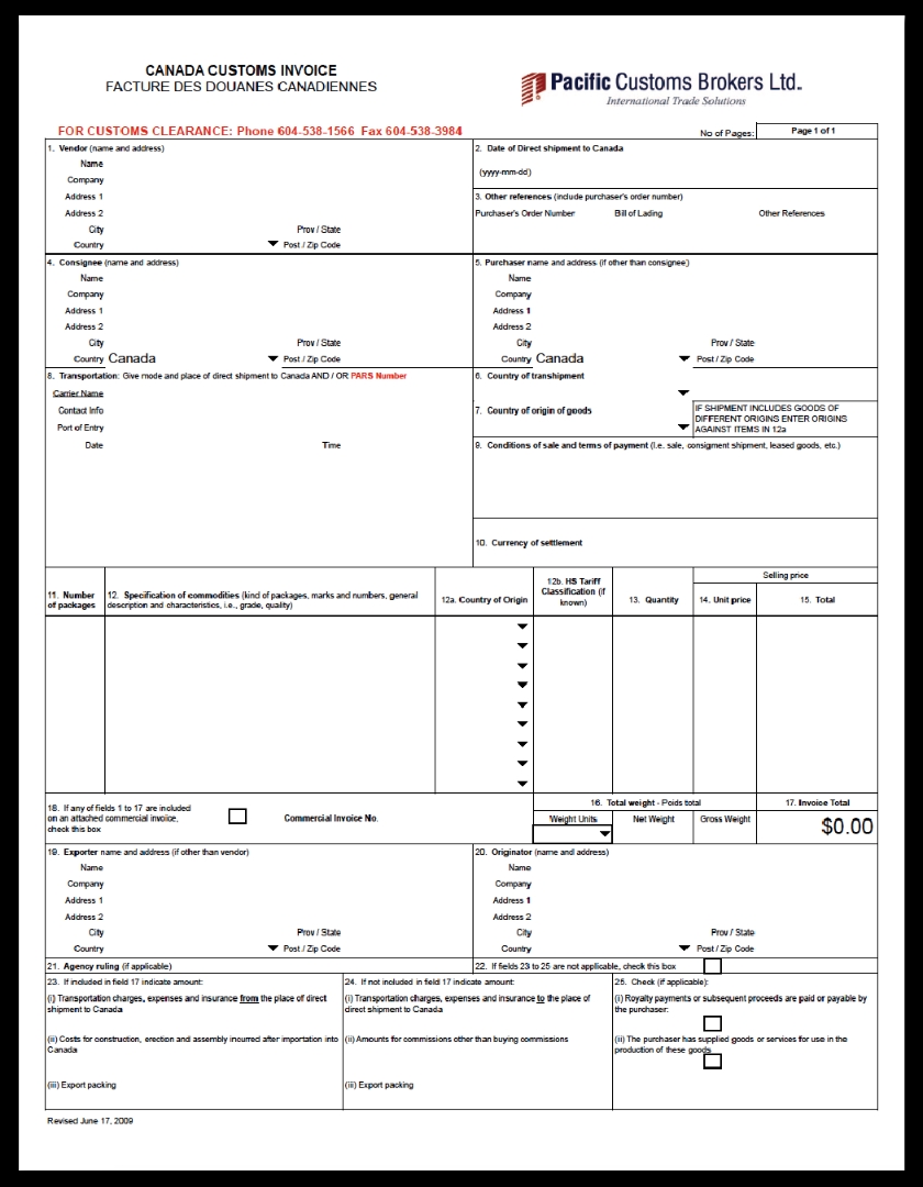 canada customs forms pdf downloads pcb canadian customs invoice example