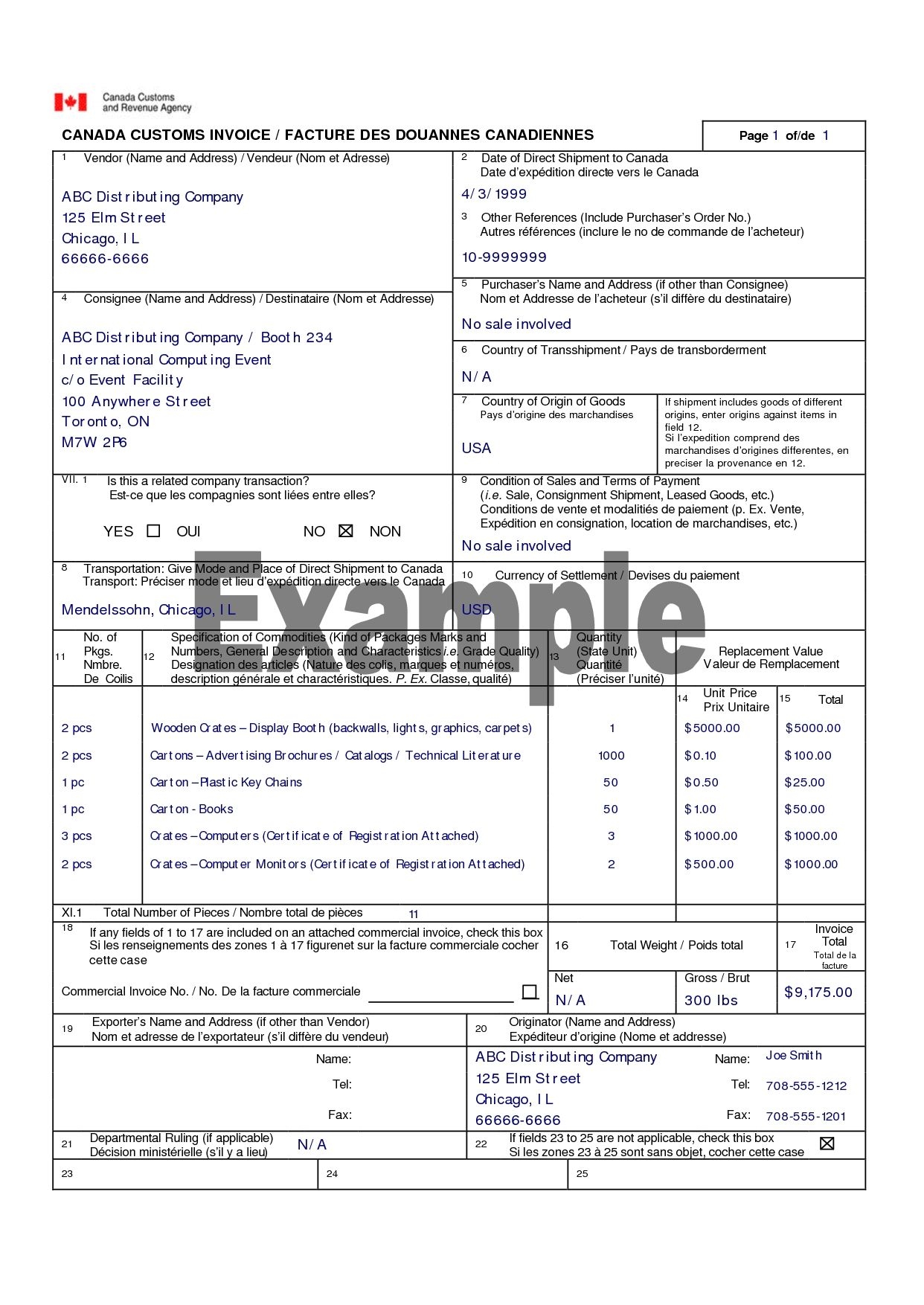 Canadian Customs Invoice Example