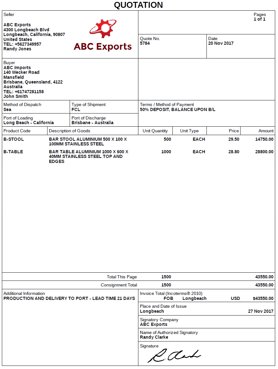 create export quotation for import export shipments used in company invoice format in purchase import