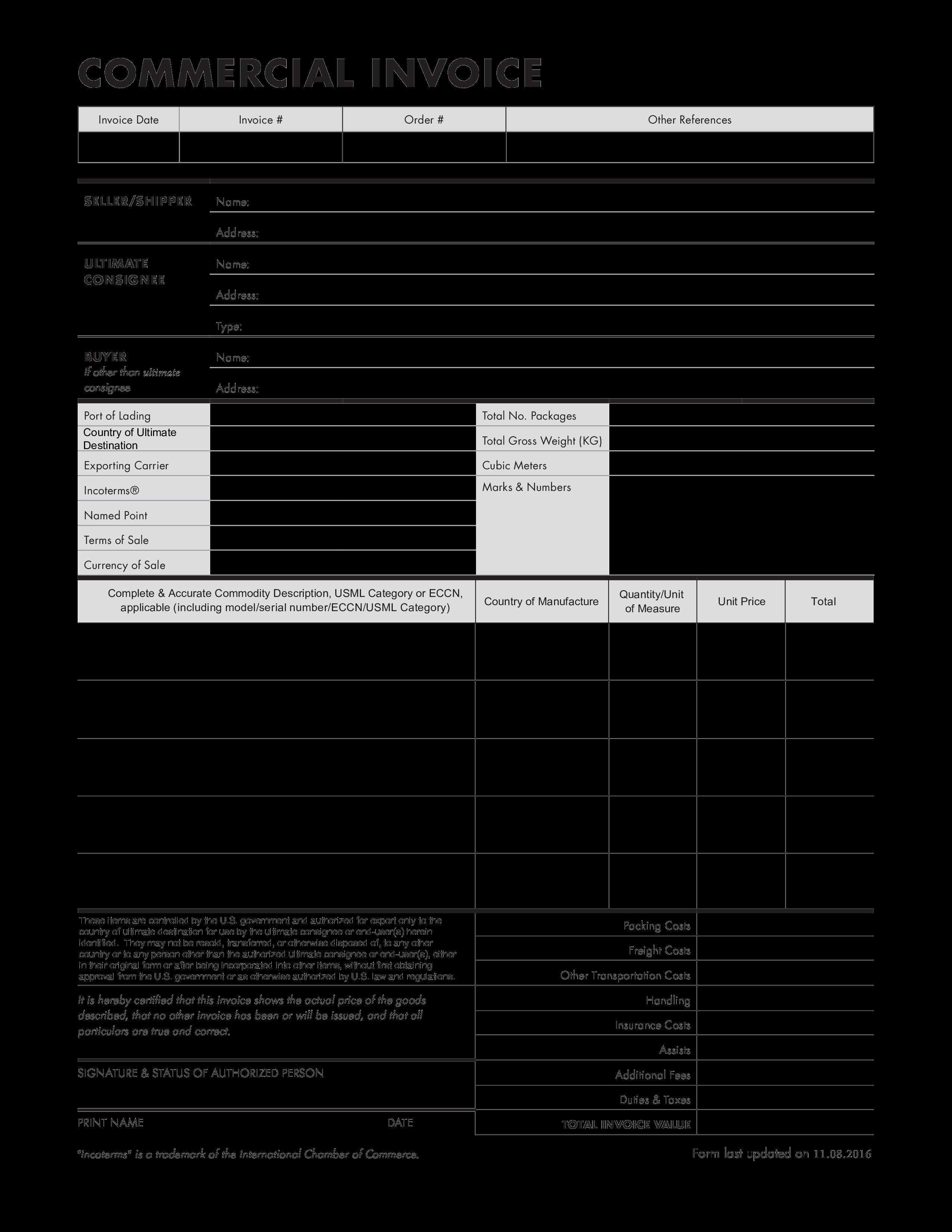 export commercial invoice templates at model export commercial invoive