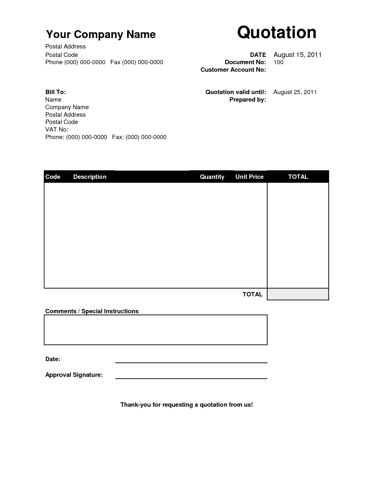 free quotation template quote template quotation format goa hotel bill format