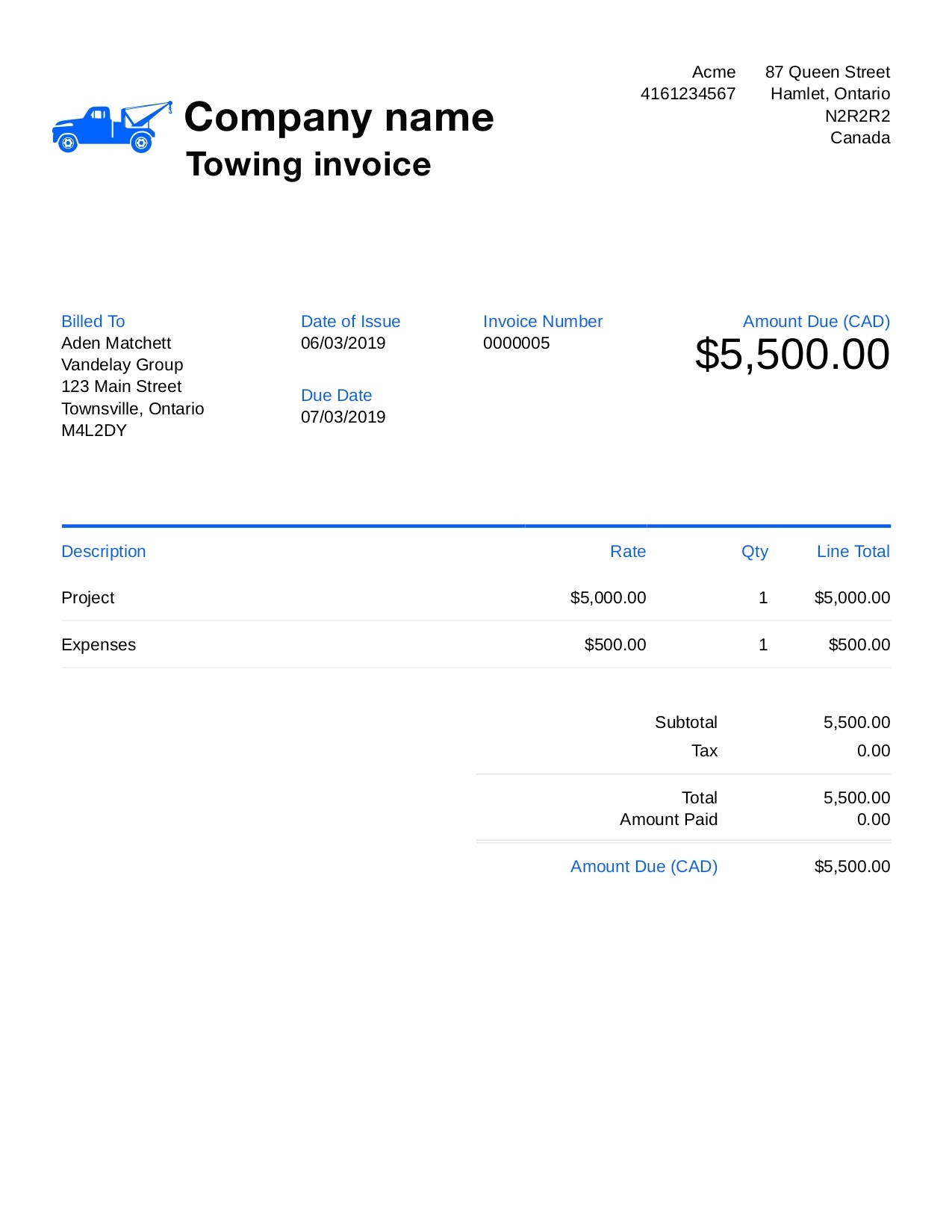 towing invoice template word