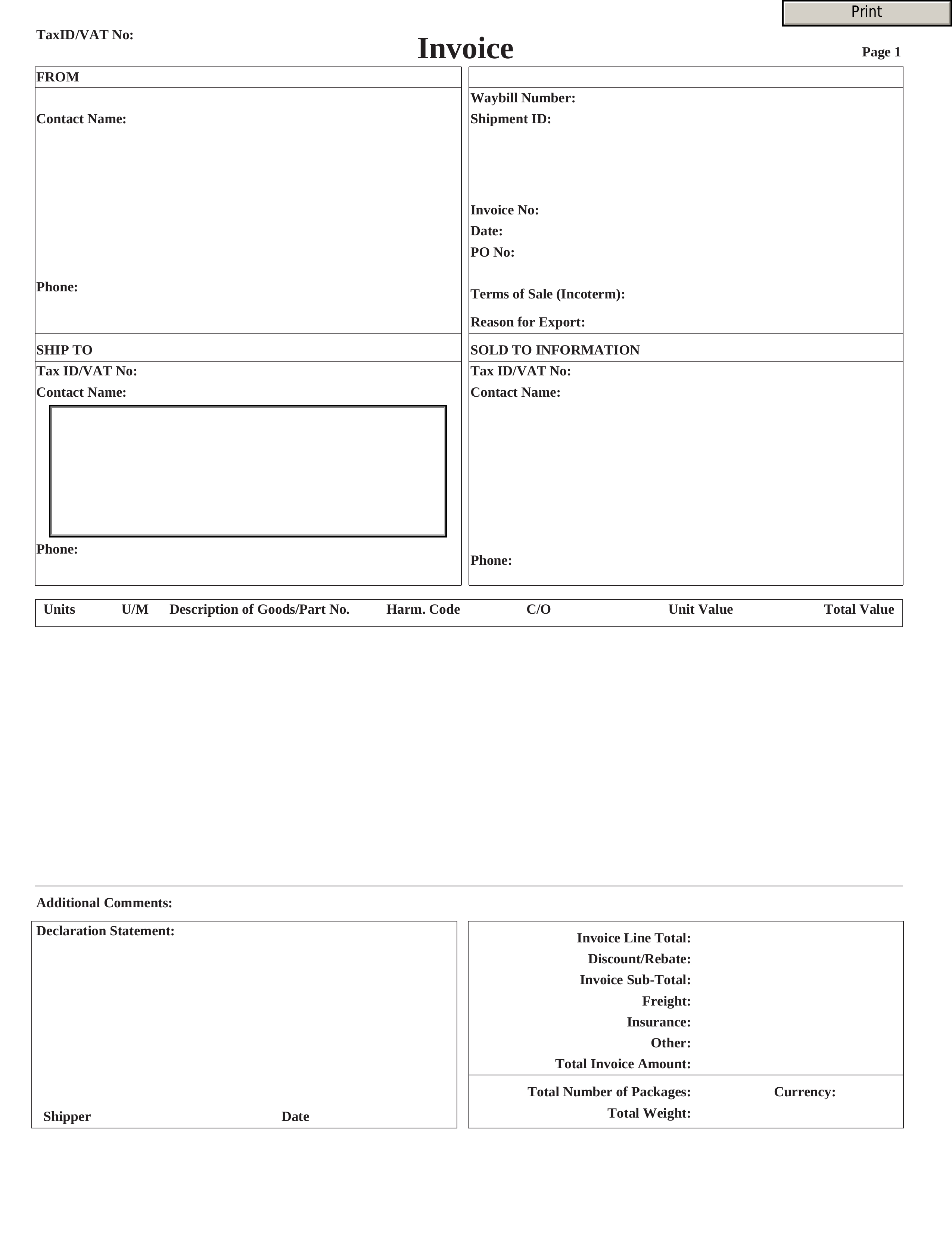 Ups International Commercial Invoice Template